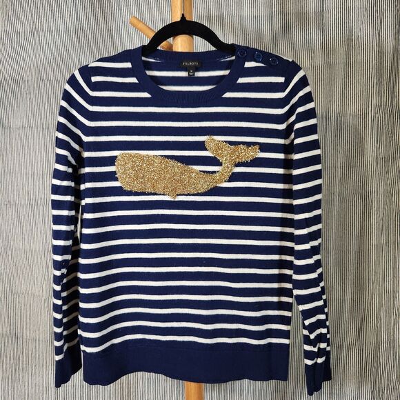 Talbots $89 Medium Gold Tinsel Whale Blue Striped Lambswool Nautical Sweater - Picture 2 of 10